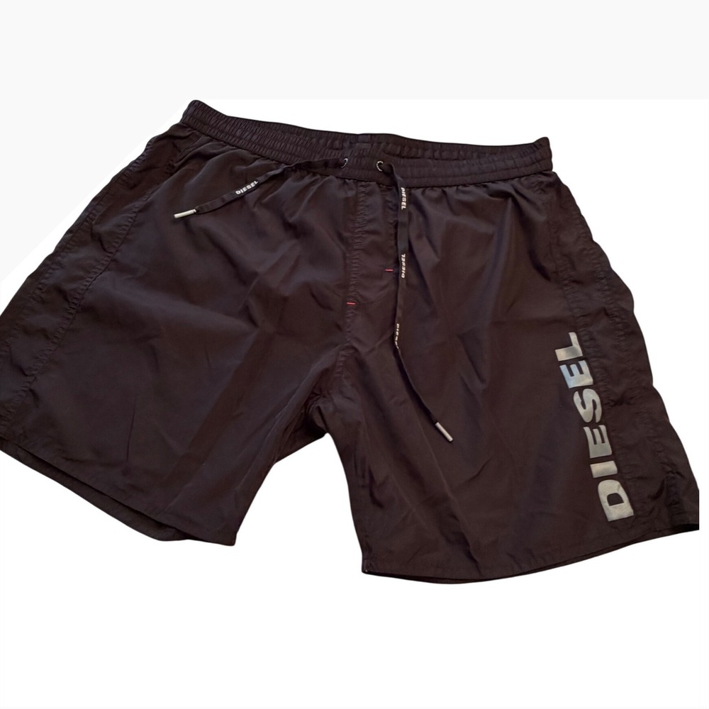 Diesel Logo Swim Trunks Lined Mens Medium Black Drawstring Shorts Beach Pool